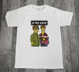 White t-shirt with simpsons style cartoon character versions of the Gallagher brothers and 'D'OH-ASIS' text