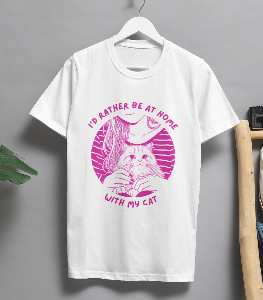 I'd Rather Be at Home with My Cat T-Shirt – Cute Cat Lady Oversized Graphic Tee