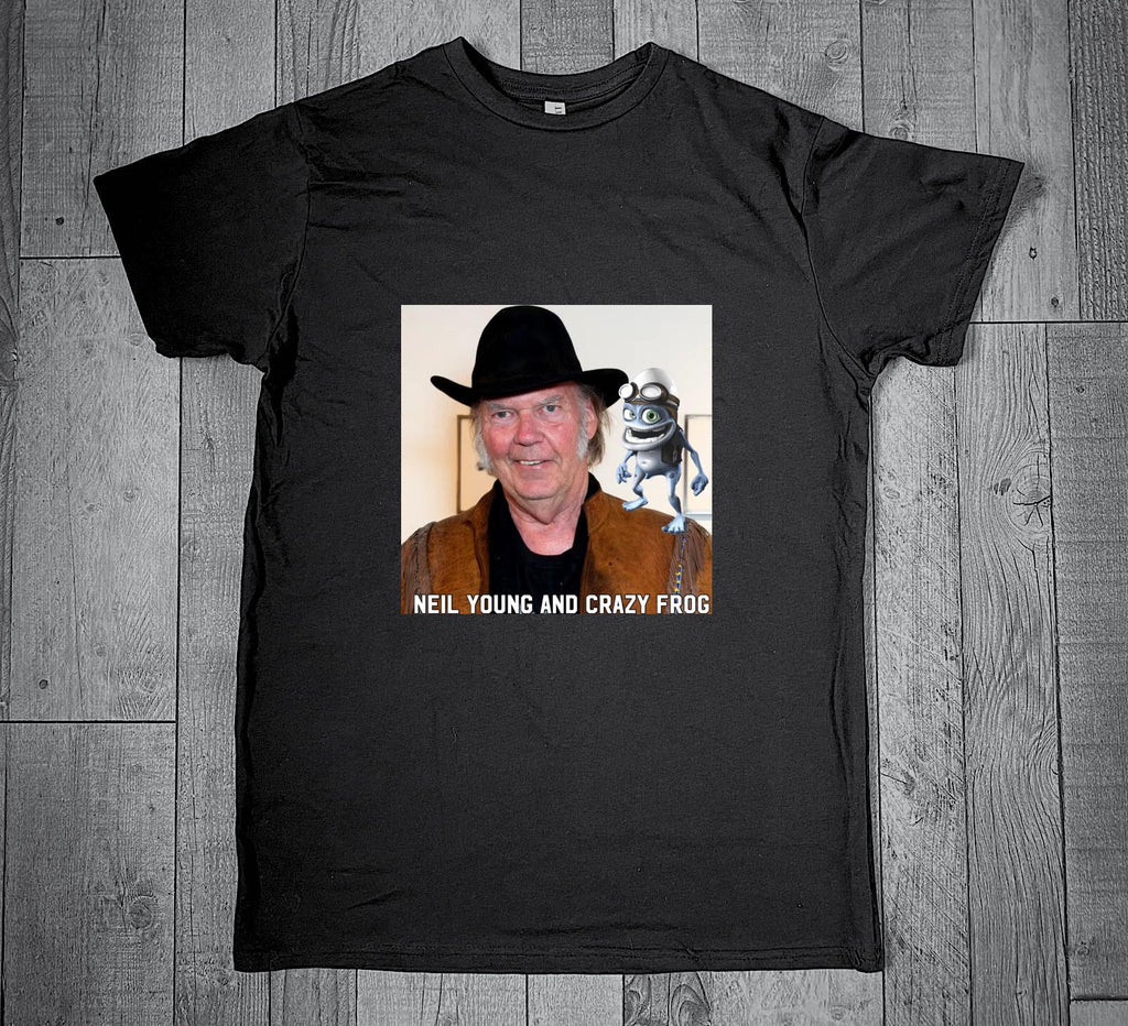 Neil Young & Crazy Frog T-Shirt – Funny Music Pun Graphic Tee | Retro & Quirky Band Mashup Shirt