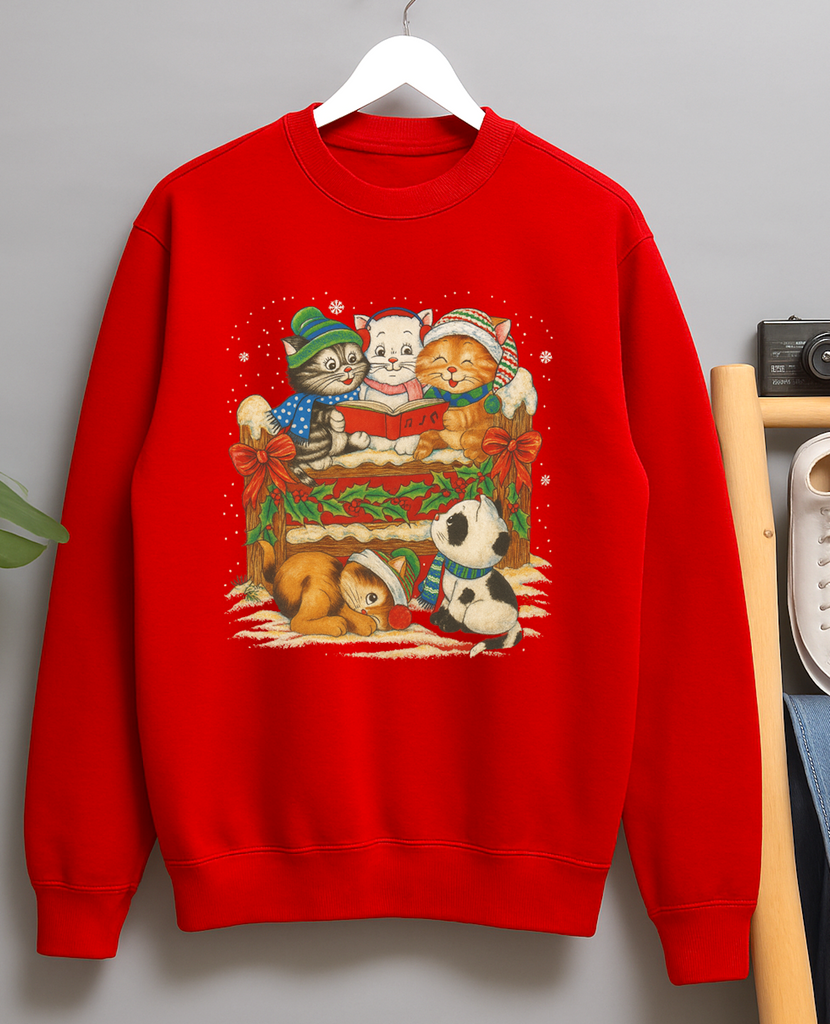 Carol Singing Kittens Cats Vintage 80s Style Christmas Crew Neck Sweater Jumper