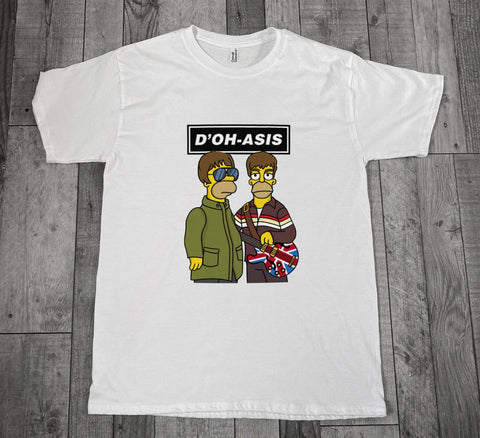 White t-shirt with simpsons style cartoon character versions of the Gallagher brothers and 'D'OH-ASIS' text 