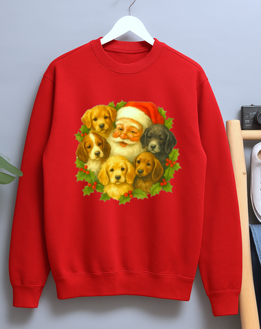 Cute Santa and Puppies Vintage 80s Style Unisex Christmas Crew Neck Sweater Jumper