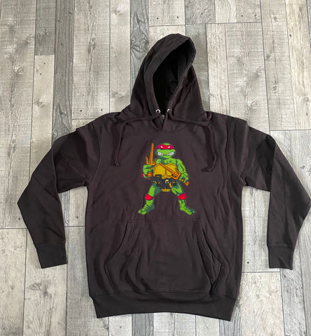 Raphael Ninja Turtle Action Figure Print 80s Style Hooded Sweatshirt in Black